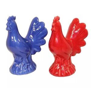 Chicken Salt & Pepper Shaker Set Red Blue HOME Patriotic Rooster Poultry Country
